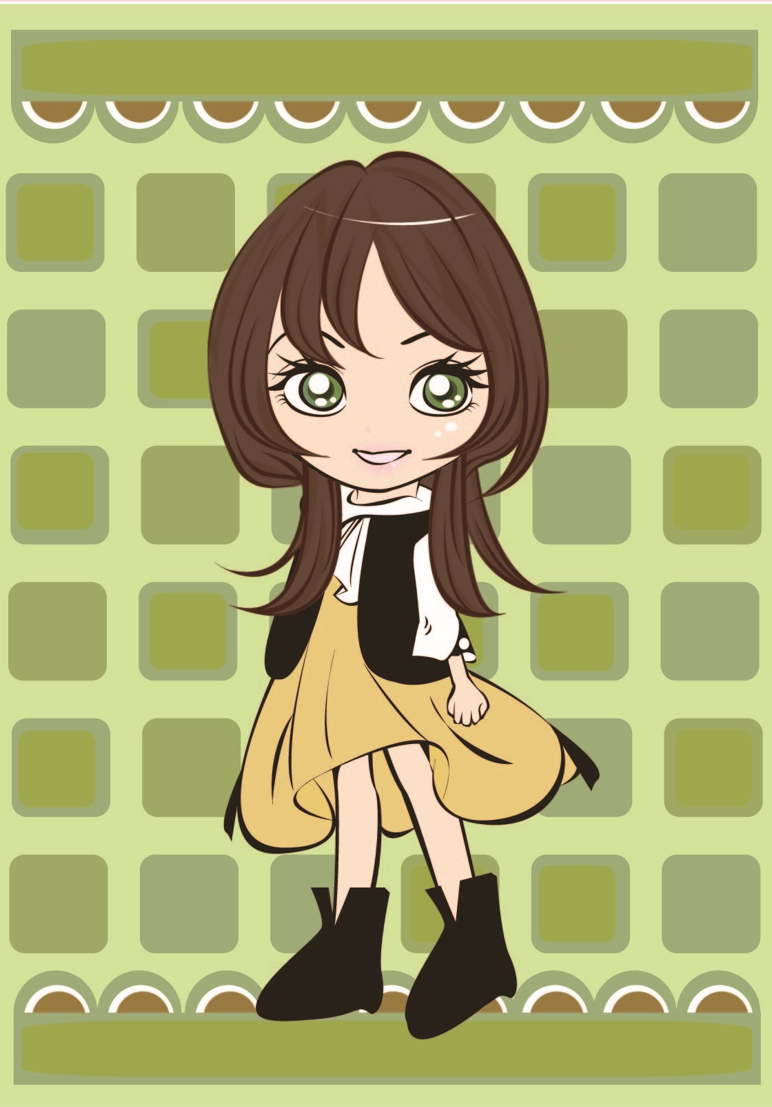 ボブヘアで黄色のワンピースを着た、女の子のイラスト